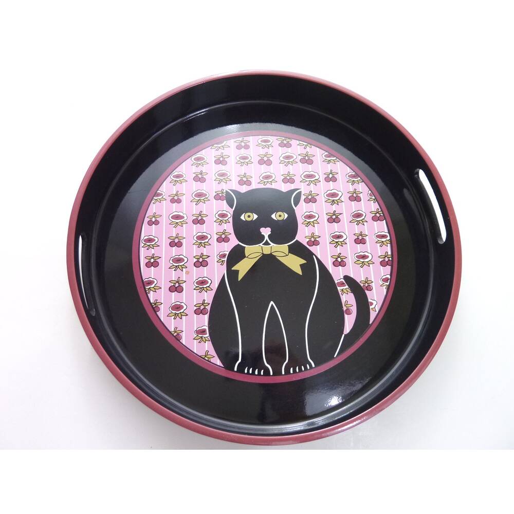 Vintage Japanese Black Cat Lacquer Tray Pink Floral Round Serving Tray 13 inch